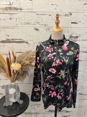 Acegolfs Women's Black Floral Quarter Zip-Front Long Sleeve Top